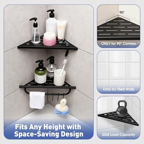 Corner Shower Shelf, 10'' Shower Corner Shelf with Towel Bar & Hooks, 304 Stainless Steel Recessed Bathroom Shelves, Grout in Bathroom Shower Shelf for Tiled Wall, 2-Pack (Matte Black)