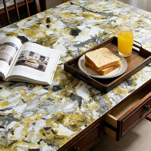 Drawer and Shelf Liner - Yellow Black Marble Pattern,Non Adhesive