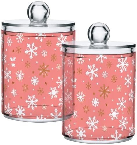 Gredecor 2 Pack Qtip Holder Clear Christmas Golden Pink Snowflakes Apothecary Jars with Lids Acrylic Christmas Winter Bathroom Jars Vanity Canister Storage Organizer for Cotton Ball,Swabs,Pads,Floss
