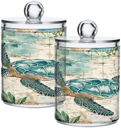 ALAZA Sea Turtle Starfish Map 4 Pack Qtip Holder Dispenser for Cotton Swabs, Balls, Pads, Floss 10 oz Plastic Canister Organizer
