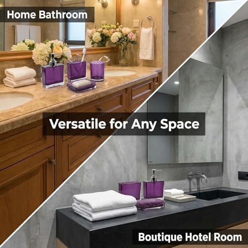 Bathroom Accessories Set, Acrylic Bathroom Accessory Set with Soap Dispenser,Soap Dish, Toothbrush Holder, Tumbler, Modern Bathroom Accessories Decor,Gift for Home (Purple-4)
