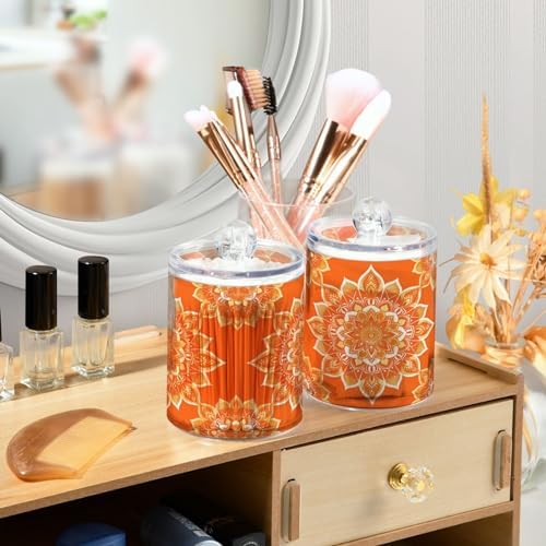 Orange Mandala Qtip Holder 4 Pack - 10 Oz Clear Plastic Apothecary Jar Set for Bathroom Organization - Versatile Canister Storage for Cotton Balls, Swabs, Rounds