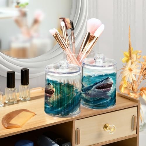 2 Pack Qtip Holder Organizer Dispenser Jumping Shark Blue Ocean Wave Bathroom Storage Canister Cotton Ball Holder Container for Cotton Pads/Swabs/Floss