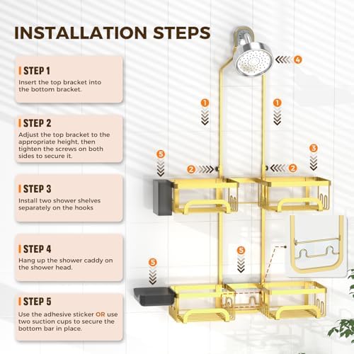 REINHARDT Split Shower Caddy Hanging for Handheld Showerheads, Gold