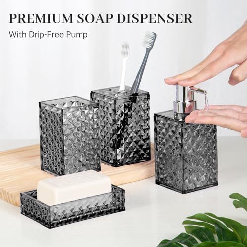 Bathroom Accessory Set, Grid Pattern 4 Pcs Plastic Bathroom Set, Grey