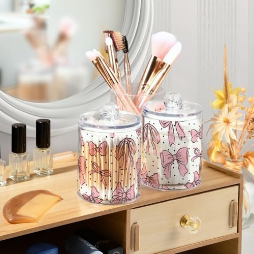 2 Pack Apothecary Jars Bathroom Bow Pink Qtip Holder Dispenser Clear Plastic Storage Canister Jar with Lid for Cotton Ball, Cotton Swab