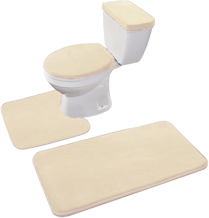 Madeals Memory Foam Bathroom Toilet Rug Set 4 Piece with Toilet Lid Cover and Tank Covers Beige