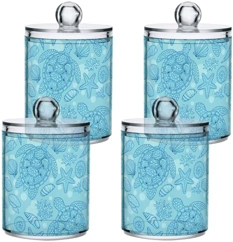 MNSRUU 4 Pack Qtip Holder Dispenser Seashells and Turtle Bathroom Storage Canister Cotton Ball Holder Bathroom Containers for Cotton Swabs/Pads/Floss