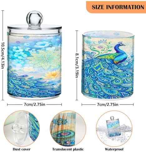 MNSRUU 2 Pack Qtip Holder Organizer Dispenser Peacock Bathroom Storage Canister Cotton Ball Holder Bathroom Containers for Cotton Swabs/Pads/Floss