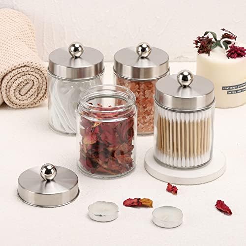 Tbestmax Glass Qtip Holder Dispenser, 10-Ounce Bathroom Containers Apothecary Jars with Metal Lids for Cotton Ball Swab Pad (4 Pack)