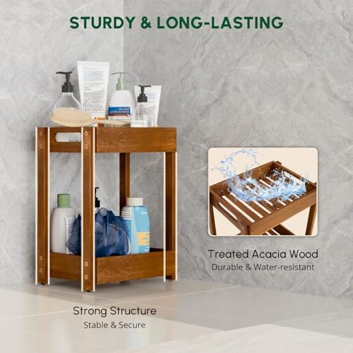 BEEFURNI 2-Tier Corner Standing Acacia Wood Shower Caddy Organizer