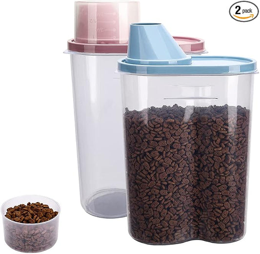 2 Pack 2lb/2.5L Pet Food Storage Container with Measuring Cup, Can Covers and Bowl for Small Dog, Cat, Waterproof-BPA Free (Blue and Pink)
