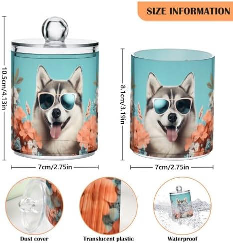 MNSRUU 2 Pack Qtip Holder Organizer Dispenser Cute Dog Siberian Husky Pink Bathroom Storage Canister Cotton Ball Holder Bathroom Containers for Cotton Swabs/Pads/Floss