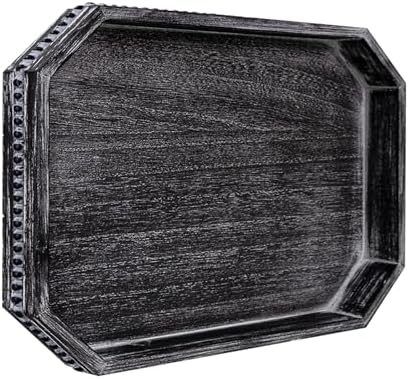 CedarLux Decorative Coffee Table Serving Tray, Long Octagonal Black Wood Tray with Wooden Bead, Farmhouse Big for Ottoman Table, Countertop, Home Decor, 16.5"x13"x1.6" (Retro Black)