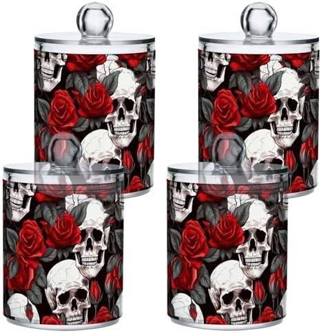 4 Pack Elegant Skulls with Red Roses Flowers Qtip Dispenser 10 Oz Apothecary Jars Clear Bathroom Storage Containers for Cotton Ball, Swab, Floss, Makeup Sponges, Hair Clip