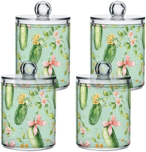 Gredecor 4 Pack Qtip Holder Clear Pink Bow Green Pickle Cucumber Apothecary Jars with Lids Acrylic Bathroom Jars Vanity Countertop Canister Storage Organizer for Cotton Ball,Swabs,Pads,Floss