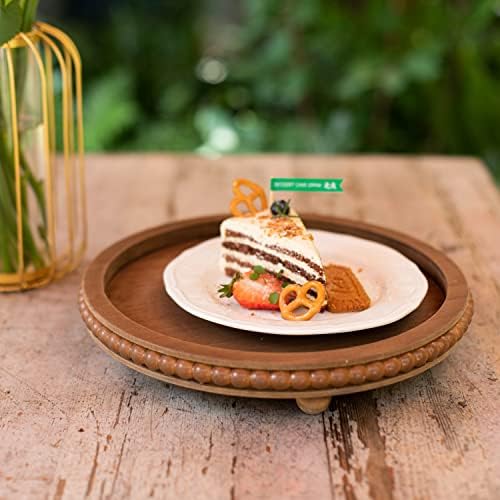 HPC DEC R OUR HAPPY PLACE 12in Round Wood Beaded Tray - Brown, Distressed Finish - Farmhouse Boho Style - Decorative Tray for Living Room, Coffee Table, Kitchen Table or Serving Tray