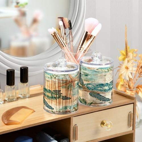 ALAZA Sea Turtle Starfish Map 4 Pack Qtip Holder Dispenser for Cotton Swabs, Balls, Pads, Floss 10 oz Plastic Canister Organizer