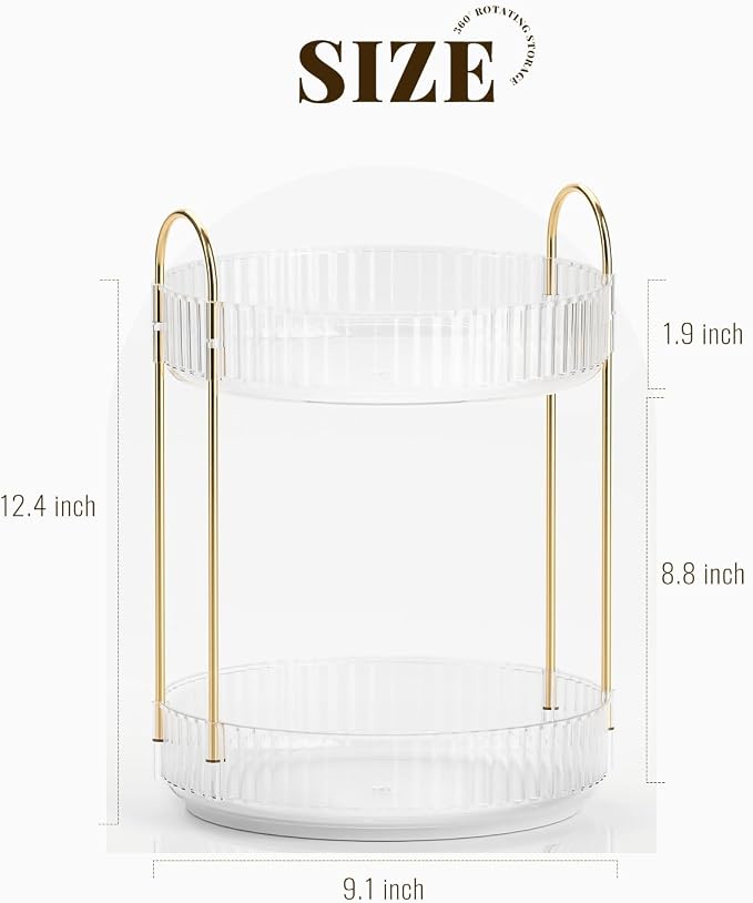 Bathroom Organizer Countertop, Rotating Makeup Organizer for Vanity, 2-Tier Make Up Organizers and Storage, Vanity Tray Shelf for Cosmetic, Skin Care, Lotions (Clear)
