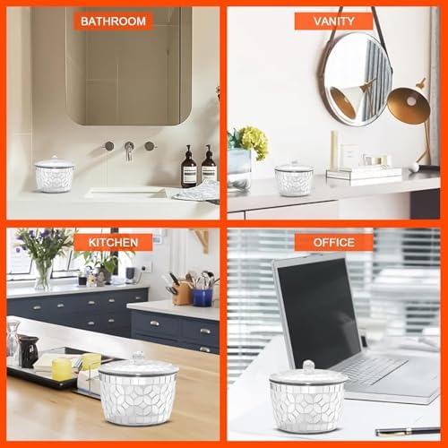 Bathroom Qtip Holder Silver, Countertop Storage Organizer Canister Jar Qtip Dispenser Holder Mosaic Glass with Lid - for Cotton Swabs,Bath Salts, Hair Band, Cotton Balls (Silver Mirror)