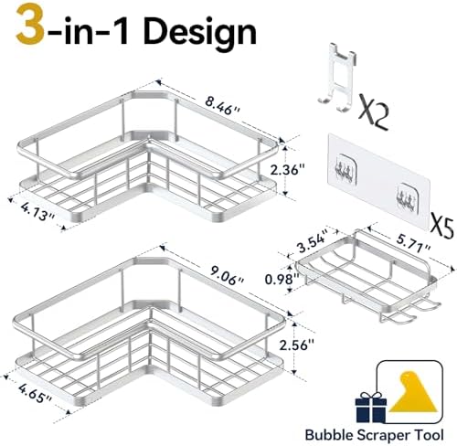YASONIC Corner Shower Caddy Organizer, Self-Adhesive Rustproof Bath Shelves with Soap Holder & 4 Hooks, Large Capacity Shower Storage Rack for Bathroom Organization, (3Pack, Silver)