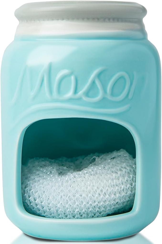 Comfify Aqua Blue Mason Jar Ceramic Sponge Holder – Farmhouse Sink Caddy | Aqua Blue; mason jar ceramic; 5"H x 3.75" diameter; includes nylon scrubby; embossed 'MASON'; decorative lid; farmhouse