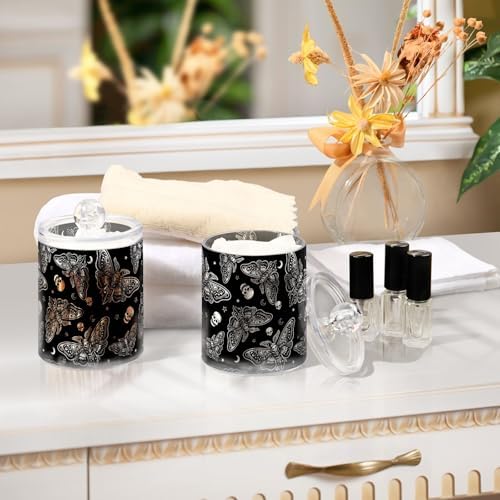 MNSRUU 2 Pack Qtip Holder Organizer Dispenser Moth Skull Moon Esoteric Bathroom Storage Canister Cotton Ball Holder Bathroom Containers for Cotton Swabs/Pads/Floss