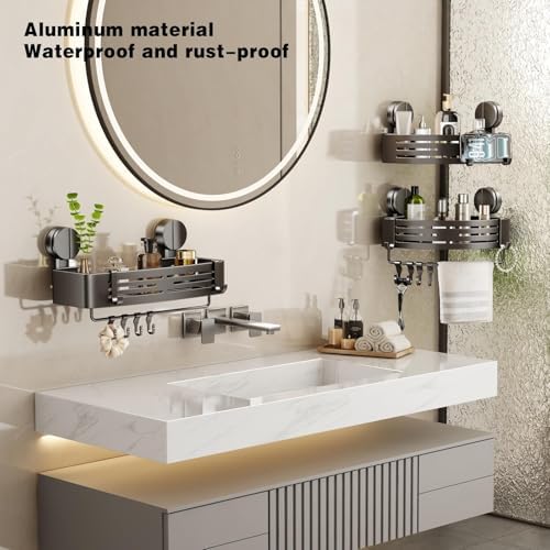 VOLPONE Shower Caddy Suction Shower Shelf No Drilling Shower Organizer Suction Cup Shower Storage Rack Aluminum Wall Mounted Shampoo Holder with Towel Bar Hooks (3-Pack, Matte Gray)