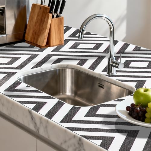 FIFTY FEET 12"x120" Non-Adhesive Shelf Liner for Kitchen Cabinets and Drawers, Washable Non-Slip PVC Cabinet Liner (Black Plaid)(9 Roll)