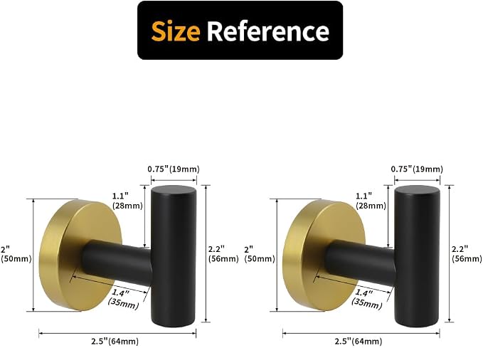 Stainless Steel Towel Coat Hooks Bathroom Clothes Garage Hotel Robe Hook Wall Mounted Bath Door Hanger 2 Pack Black & Gold