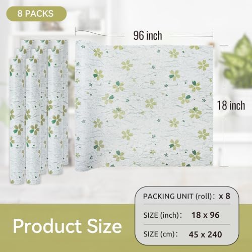 FIFTY FEET 12"x120" Non-Adhesive Shelf Liner for Kitchen Cabinets and Drawers, Washable Non-Slip PVC Cabinet Liner (Green Floral)(8 Roll)