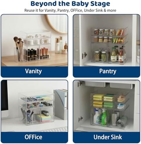 Baby Bottle Organizer Stackable, 4 Pack Clear Stackable Storage Drawers with 3 Stickers & 1 Pen, for Stationery, Cosmetics, Bathroom, Vanity, Countertop & Cabinet ((7.7’’ and 3.4’’Tall)