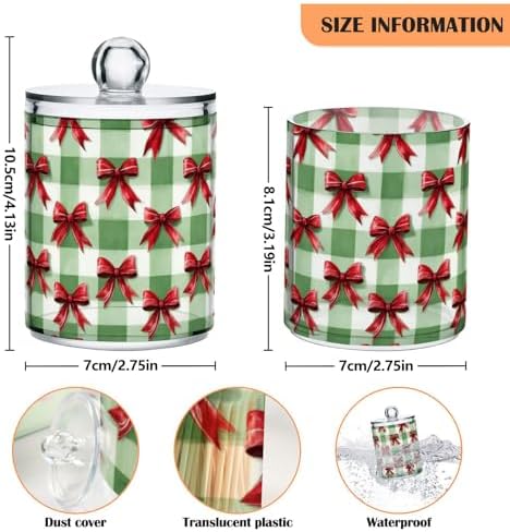 Gredecor 4 Pack Qtip Holder Clear Green Plaid with A Red Bow Apothecary Jars with Lids Acrylic Bathroom Jars Vanity Countertop Canister Storage Organizer for Cotton Ball,Swabs,Pads,Floss