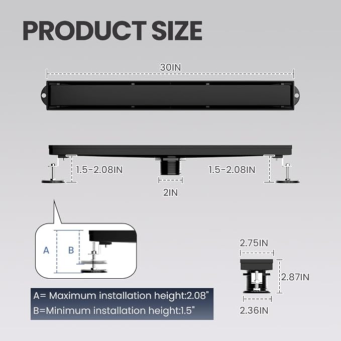 Linear Shower Drain 30 Inch Black, Brushed AISI 304 Stainless Steel Shower Drain with 2-in-1 Tile Insert Panel, for Bathroom, Kitchen, Garage & More