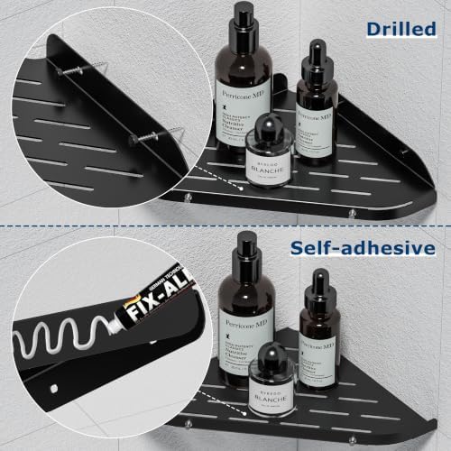 Qeke Corner Shower Shelf, 9" Corner Shower Caddy, SUS304 Stainless Steel Shower Organizer Wall Mount Corner Shelf with 2 Hooks for Bathroom, Dorm and Kitchen, Matte Black (2 Pack)