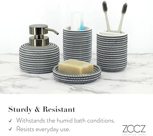 ZCCZ Black and White Bathroom Accessories Set, 4 Pieces - Toothbrush Holder, Soap Dispenser, Vanity Tray, Tumbler - Countertop Organizer for Bathroom Decor - Modern Accessory Set for Home and Office