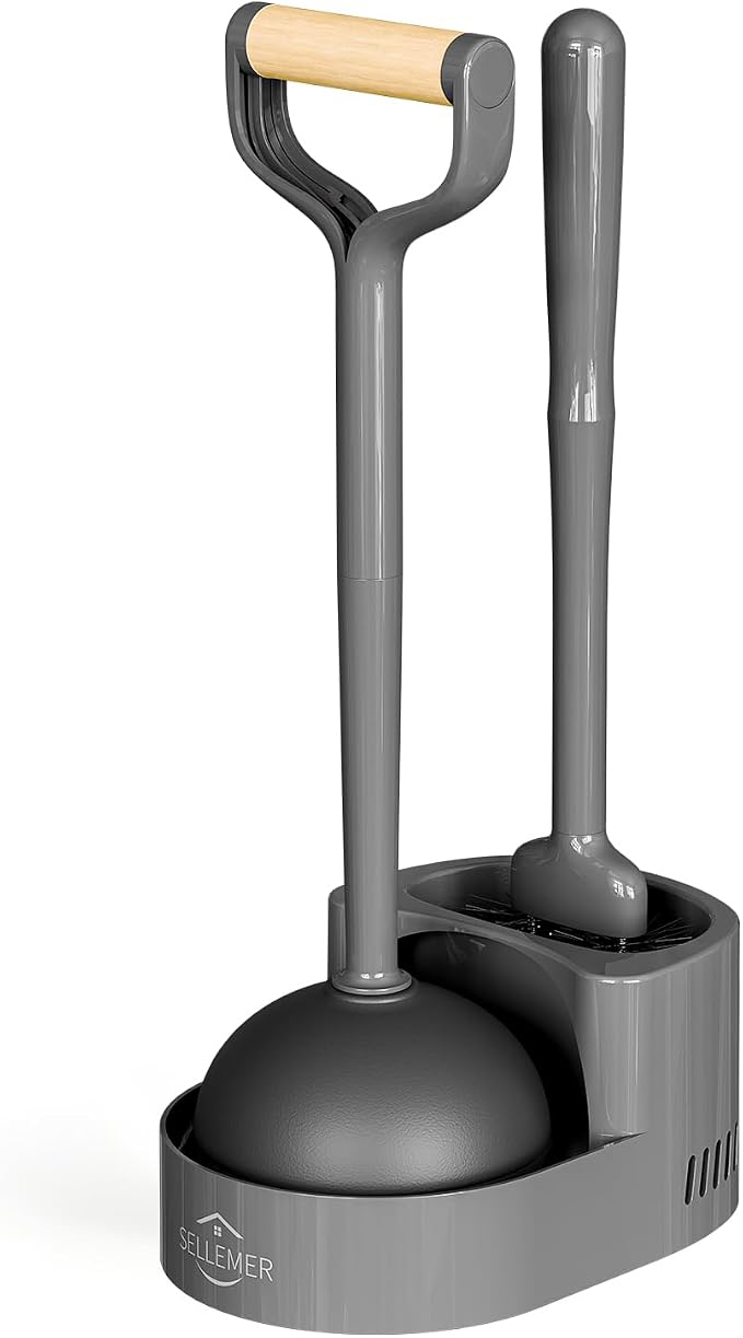 Sellemer Toilet Brush and Plunger Set, Curved Head for Deep Cleaning, Grey | Brush and Plunger set, Curved Nylon Bristles for Deep Clean, Strong Suction Plunger, Ventilated Holder for Quickly Air Dry
