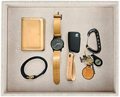 HofferRuffer Elegant Desktop Organizer, Vanity Tray, Bathroom Storage Tray Holder, Dresser Jewelry Tray, Change Coin Key Watch Catchall Tray, 10.2 x 8.4 x 1.8 inches (Light Grey Faux Leather Shagreen)