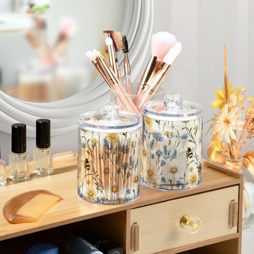 ALAZA Daisy Bee Flower Floral Print 2 Pack Qtip Holder Dispenser for Cotton Swabs, Balls, Pads, Floss 10 oz Plastic Canister Organizer