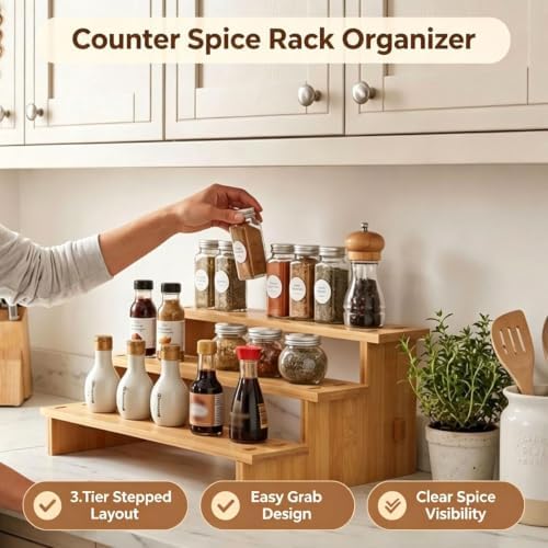 3-Tier stepped Spice Rack Organizer for Cabinets,Countertop & Pantries