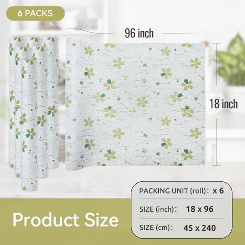 FIFTY FEET 12"x120" Non-Adhesive Shelf Liner for Kitchen Cabinets and Drawers, Washable Non-Slip PVC Cabinet Liner (Green Floral)(6 Roll)