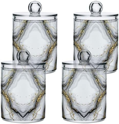 MNSRUU 4 Pack Qtip Holder Organizer Dispenser Marble White Gold Bathroom Storage Canister Cotton Ball Holder Bathroom Containers for Cotton Swabs/Pads/Floss