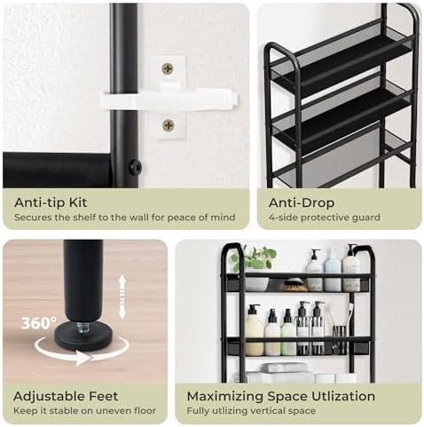 3 Tier Over The Toilet Storage Shelf, Black Bathroom Over The Toilet Storage Rack, Space Saving Above Toilet Storage Shelf with Vinyl Mesh Surface, Bathroom Toilet Shelf Rack Organizer