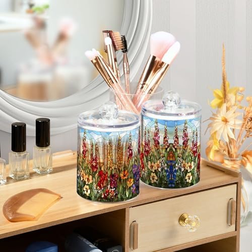 MNSRUU 2 Pack Qtip Holder Organizer Dispenser Art Flowers Bathroom Storage Canister Cotton Ball Holder Bathroom Containers for Cotton Swabs/Pads/Floss