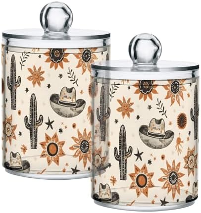 2 Pack Qtip Holder Organizer Dispenser Western Cowboy Hats Suns Cactus Bathroom Storage Canister Cotton Ball Holder Container for Cotton Pads/Swabs/Floss