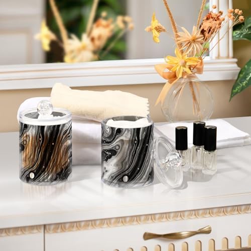 MNSRUU 2 Pack Qtip Holder Organizer Dispenser Black Marble Bathroom Storage Canister Cotton Ball Holder Bathroom Containers for Cotton Swabs/Pads/Floss