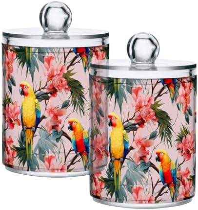 4 Pack Qtip Holder Dispenser with Lids, Parrot Tropical Flower Plastic Storage Containers,Bathroom Canisters Organizer for Cotton Ball, Cotton Swab, Cotton Round Pads, Floss 21216100