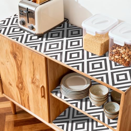 FIFTY FEET 12"x120" Non-Adhesive Shelf Liner for Kitchen Cabinets and Drawers, Washable Non-Slip PVC Cabinet Liner (Black Plaid)(3 Roll)
