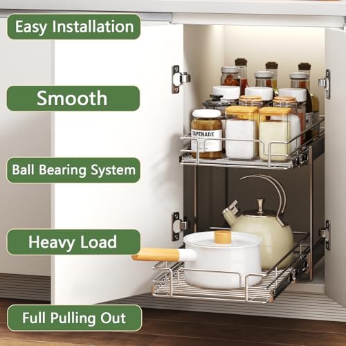2 Tier Individual Pull Out Cabinet Organizer 11½" W x 21½" D, Heavy Duty Cabinet Pull Out Shelves, Slide Out Drawers Organization for Kitchen Cabinets Bathroom