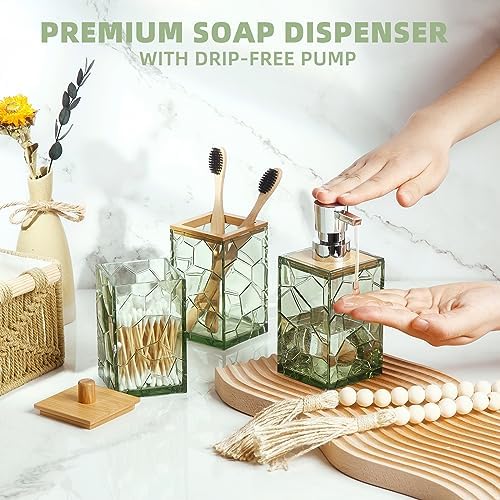 GAHEFY Sage Green Bathroom Accessories Set, Toothbrush Holder, Soap Dispenser, Cotton Swabs Holder, Soap Dish, Toilet Brush with Holder, Boho Bamboo Bathroom Decor,Acrylic (Green)